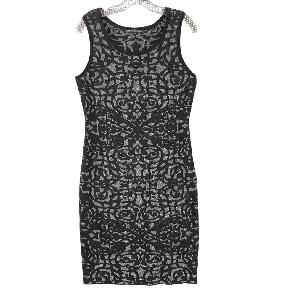 Peruvian Connection Dress Womens M Black Metallic Geometric Bodycon Knee Length